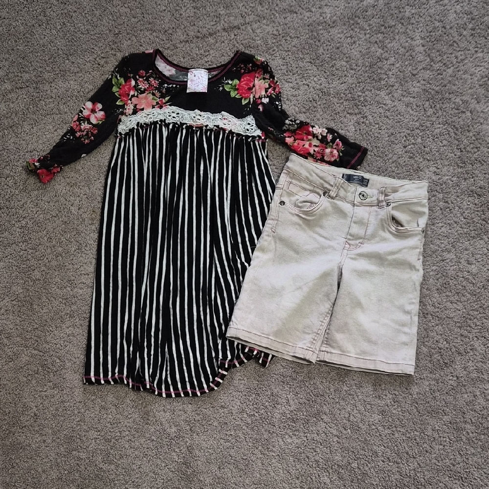 Floral and Striped Dress with Beige Shorts
